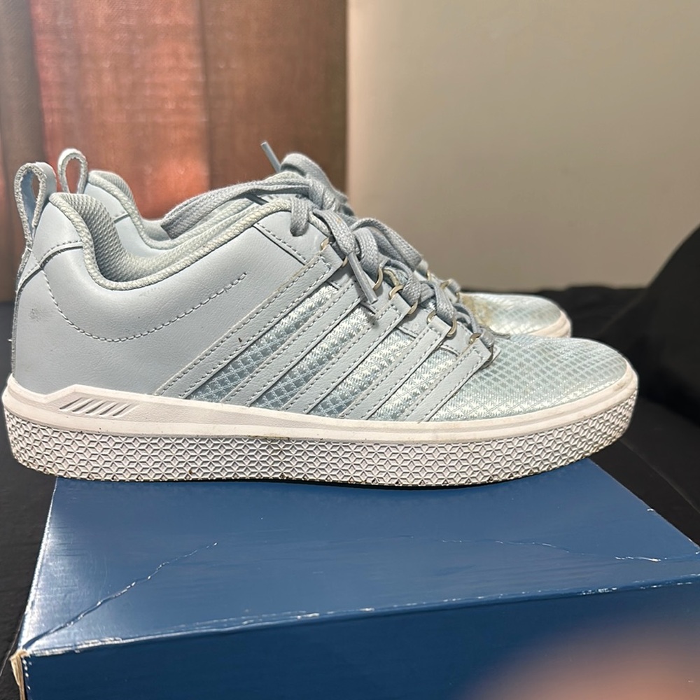 K-Swiss Blue and White Athletic Shoes with Diagonal Stripes